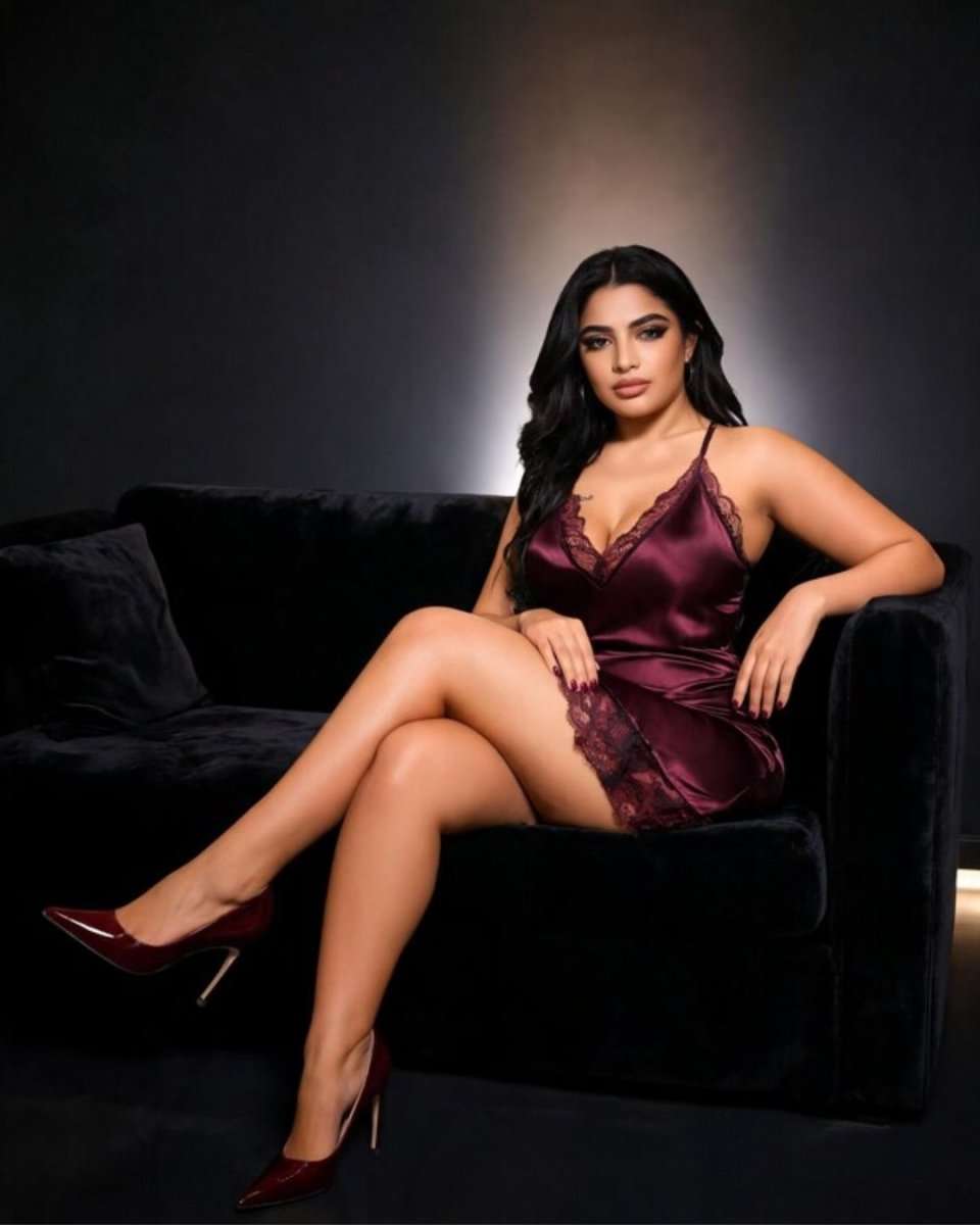A woman poses on a black velvet sofa wearing a short burgundy satin slip dress with lace trim and matching burgundy high heels against a dark studio background.