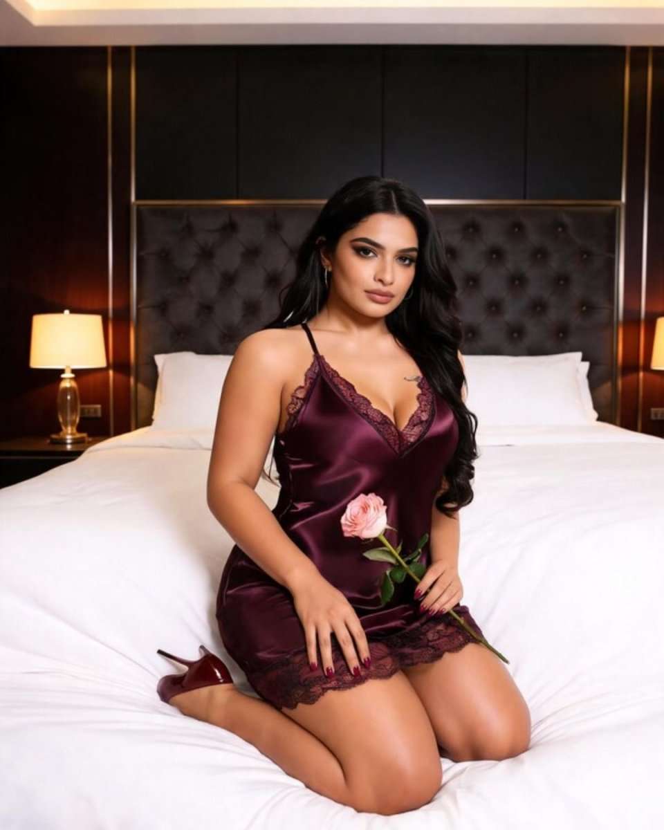 A woman sits on a white bed wearing a short burgundy satin lingerie dress with lace trim and holding a pink rose. She is wearing matching burgundy high heels, with a dark tufted headboard and bedside lamps in the background.
