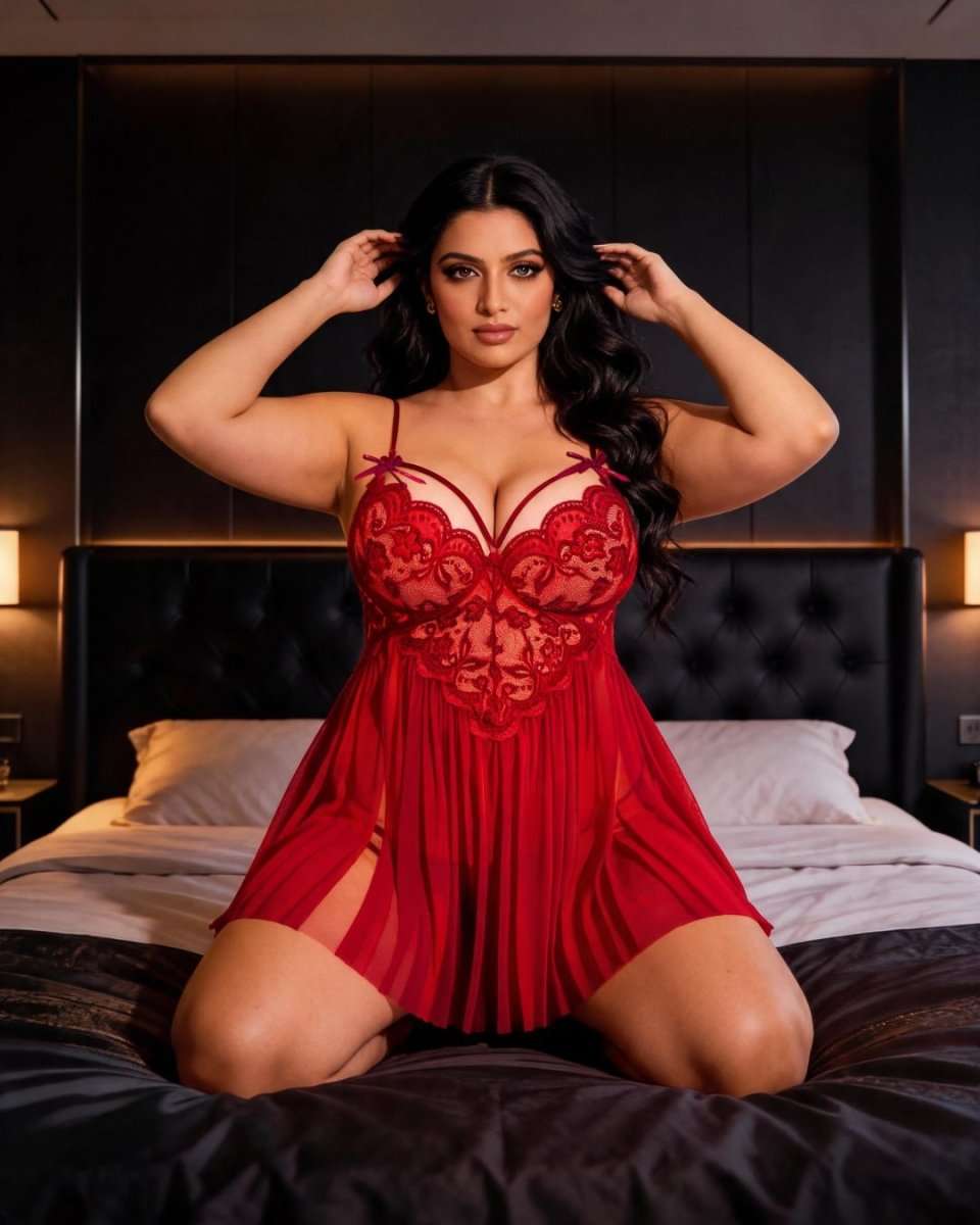 A woman kneels on a bed wearing a red lace and mesh babydoll lingerie dress in a dimly lit bedroom.