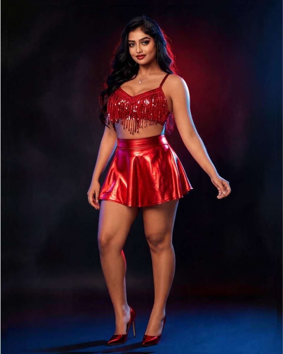A woman modeling a shiny red two-piece outfit consisting of a fringed crop top and a matching pleated mini skirt, paired with red high heels, against a dark studio background with blue and red lighting.