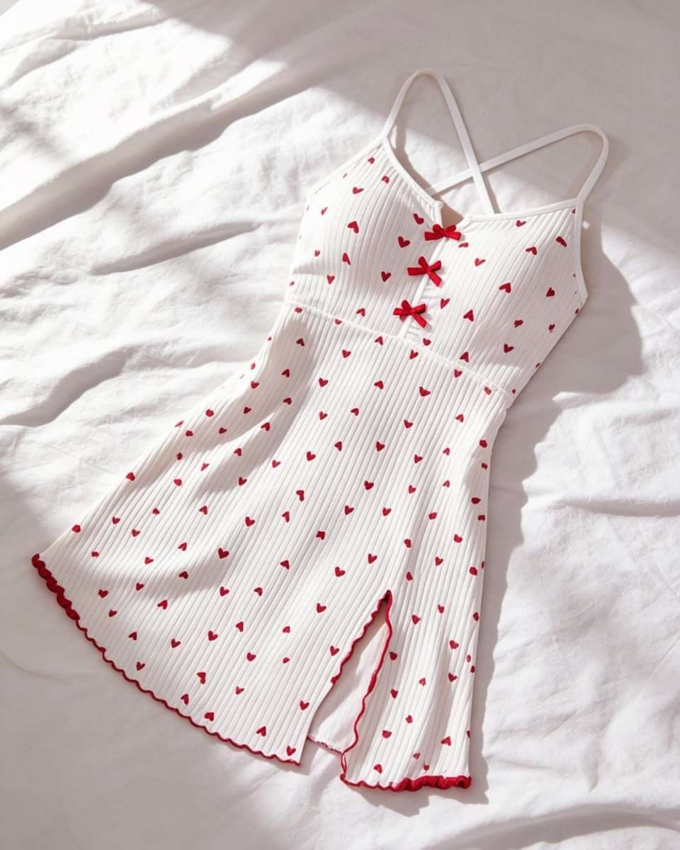 White ribbed knit camisole dress with small red heart print, red bow details at the neckline, and red scalloped trim, laid flat on a white fabric background.