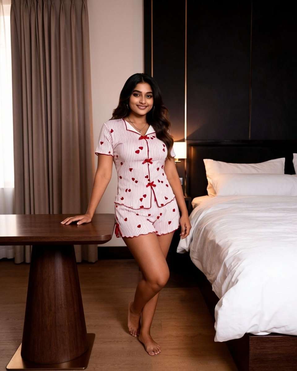 A woman modeling a short-sleeve white pajama set with red stripes and red heart patterns, standing in a modern bedroom next to a wooden table and a bed with white linens.