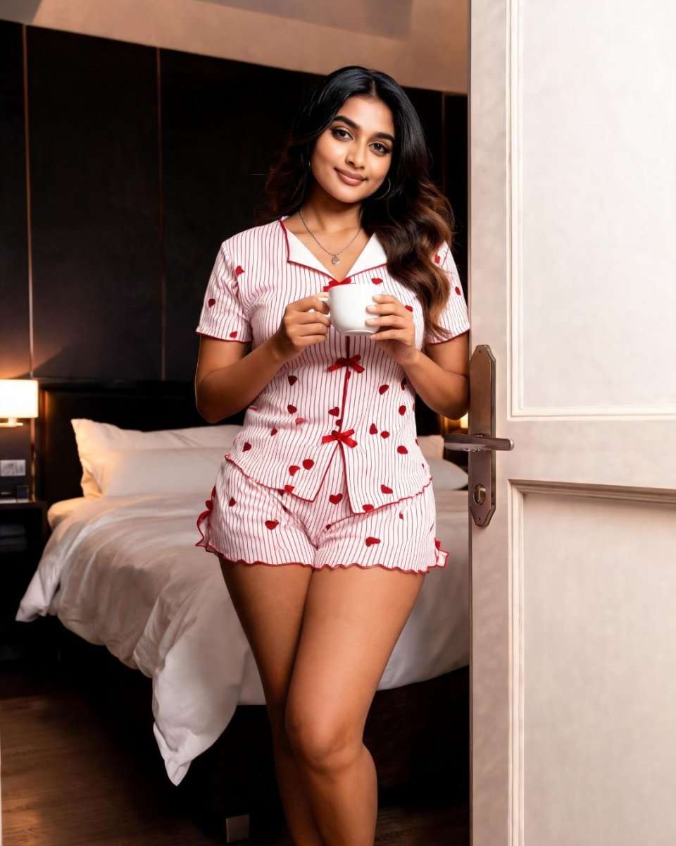 A woman stands in a doorway wearing a pink and white striped pajama set with red heart patterns, holding a white mug in a bedroom setting.