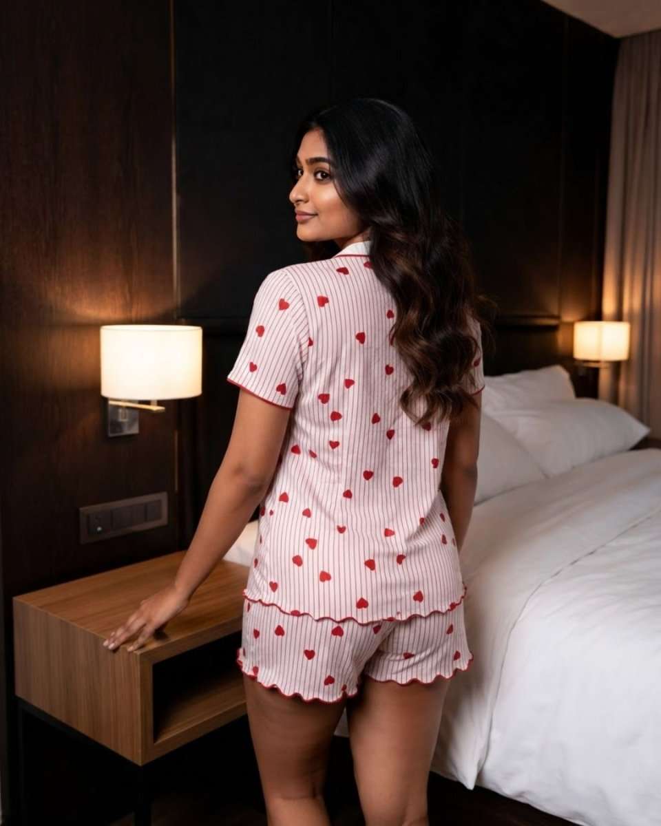 A woman wearing a short-sleeve pink and white striped pajama set with red heart prints, standing in a bedroom next to a bed with bedside tables and lamps.