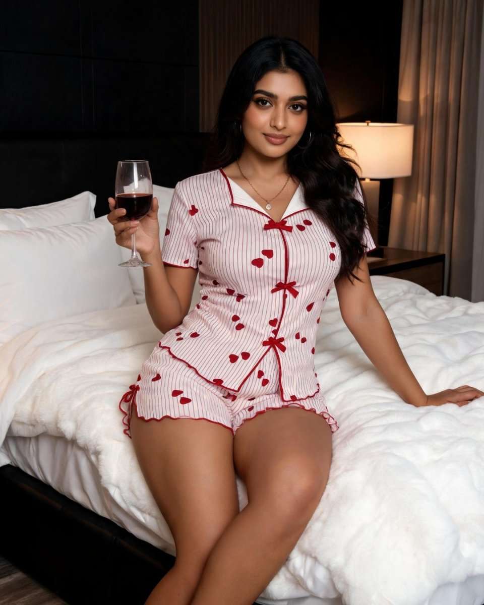 A woman wearing a short-sleeve white and red vertically striped pajama set with red heart prints and bow details, sitting on a bed and holding a glass of red wine in a bedroom setting.