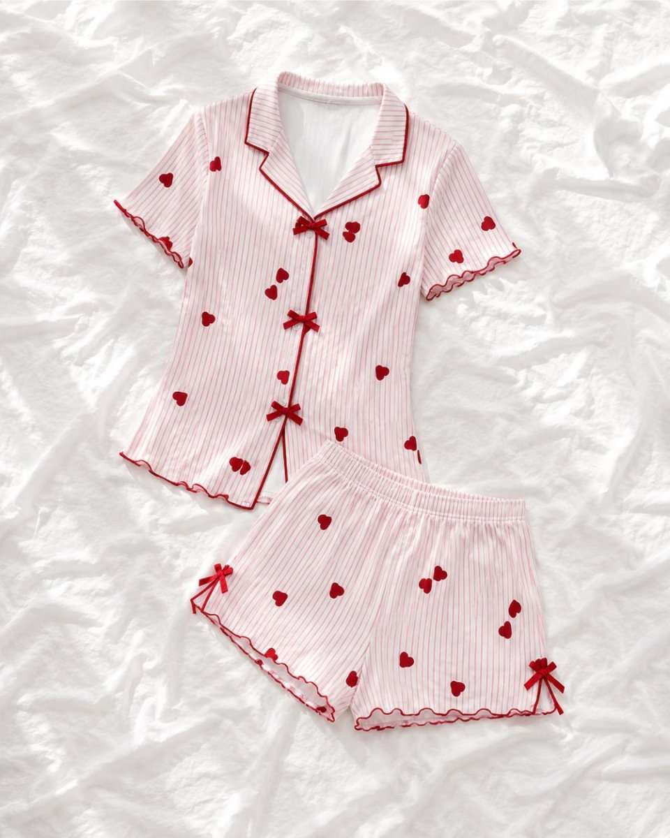 A two-piece women's pajama set consisting of a short-sleeve button-front top and matching shorts, laid flat on a white textured fabric background. The pajamas feature a light pink and white vertical stripe pattern, red heart motifs, and red piping details including bow closures on the front and ties on the shorts.