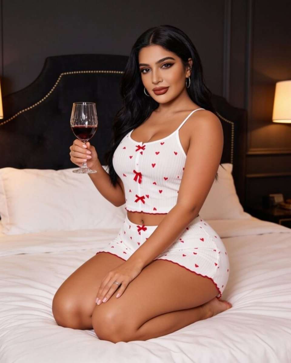 A woman kneels on a white bed in a bedroom, wearing a white two-piece knit pajama set with small red hearts and red bow details. She holds a glass of red wine.