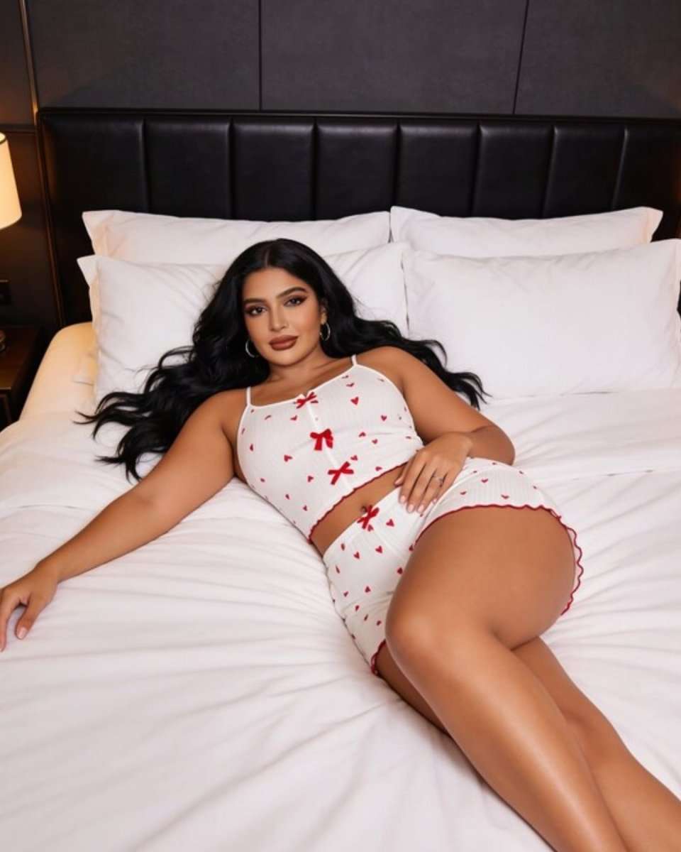 A woman reclining on a bed wearing a white two-piece pajama set with red bow and heart patterns. The set includes a halter-style top and matching mini skirt, set against a background of white bedding and a black headboard.