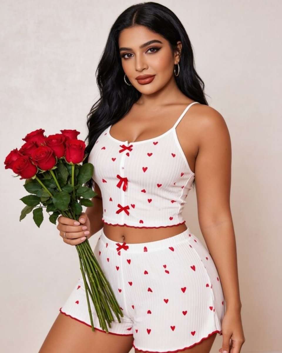 A woman modeling a white ribbed two-piece set with small red hearts and red bow accents, holding a bouquet of red roses against a light beige studio background.