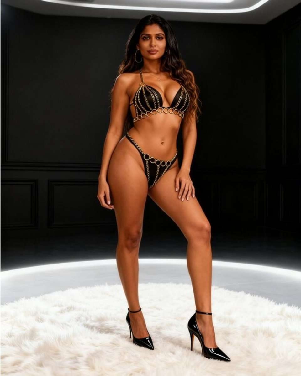 A woman modeling a black and silver rhinestone chain lingerie set consisting of a bra top and matching high-cut bikini bottom, paired with black patent high heels, standing on a white faux fur rug against a dark background.