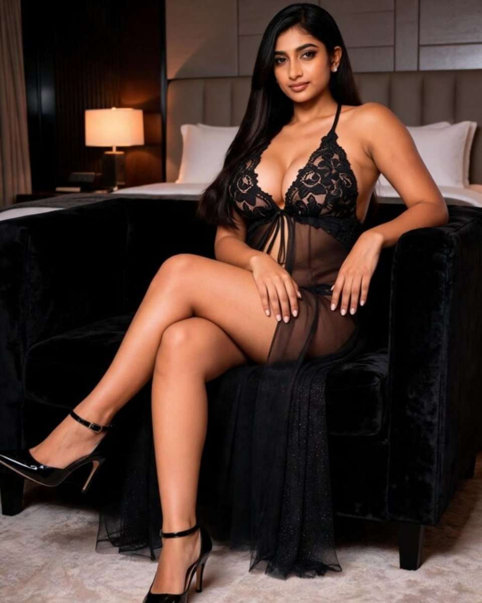 A woman models a black sheer lace lingerie dress while sitting on a black velvet armchair in a dimly lit bedroom setting.