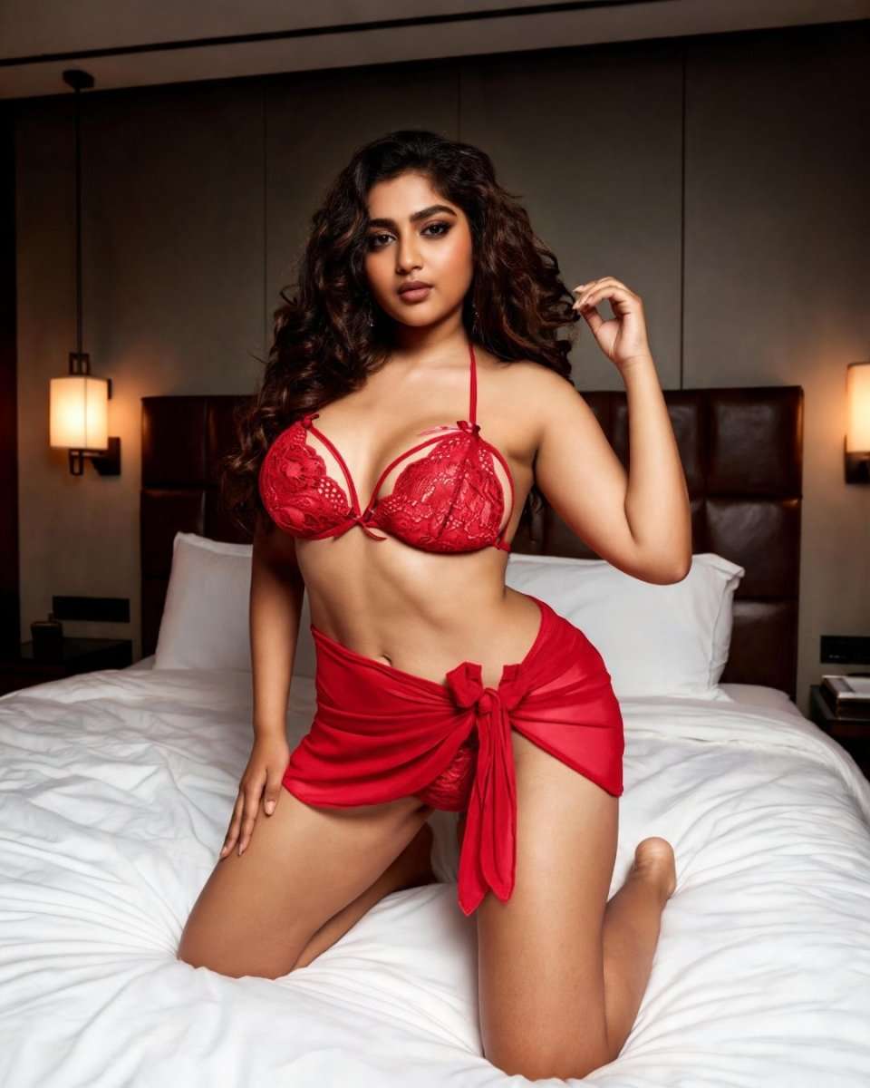 A woman posing on a white bed in a bedroom, wearing a red lace bralette and matching red sheer wrap skirt.