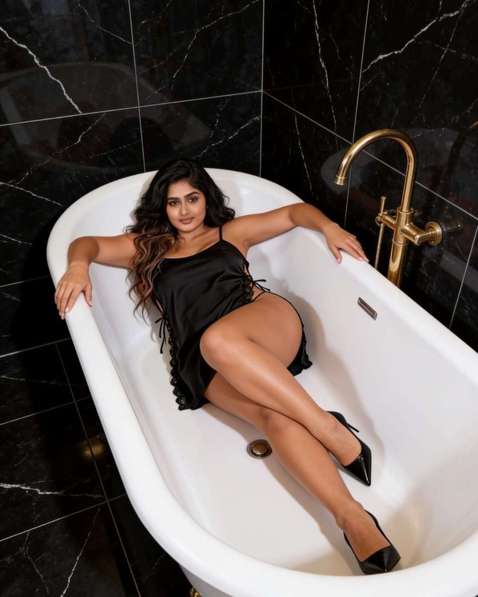 A woman reclining in a white freestanding bathtub with black marble tiled walls and a gold faucet, wearing a black satin slip dress and black pointed-toe heels.