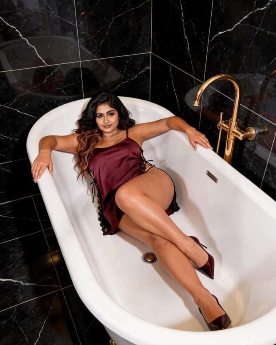 A woman reclining in a white freestanding bathtub with black marble tiled walls and a gold faucet, wearing a burgundy satin slip dress and matching heels.