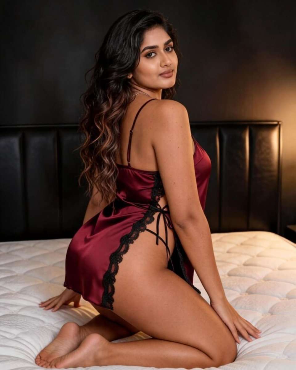 A woman kneels on a white quilted bed wearing a satin babydoll lingerie chemise in deep burgundy with black lace trim and side ties, photographed in a dimly lit bedroom setting.