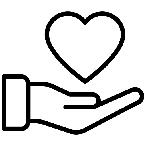 Black outline icon of a hand holding a heart, centered on a white background.